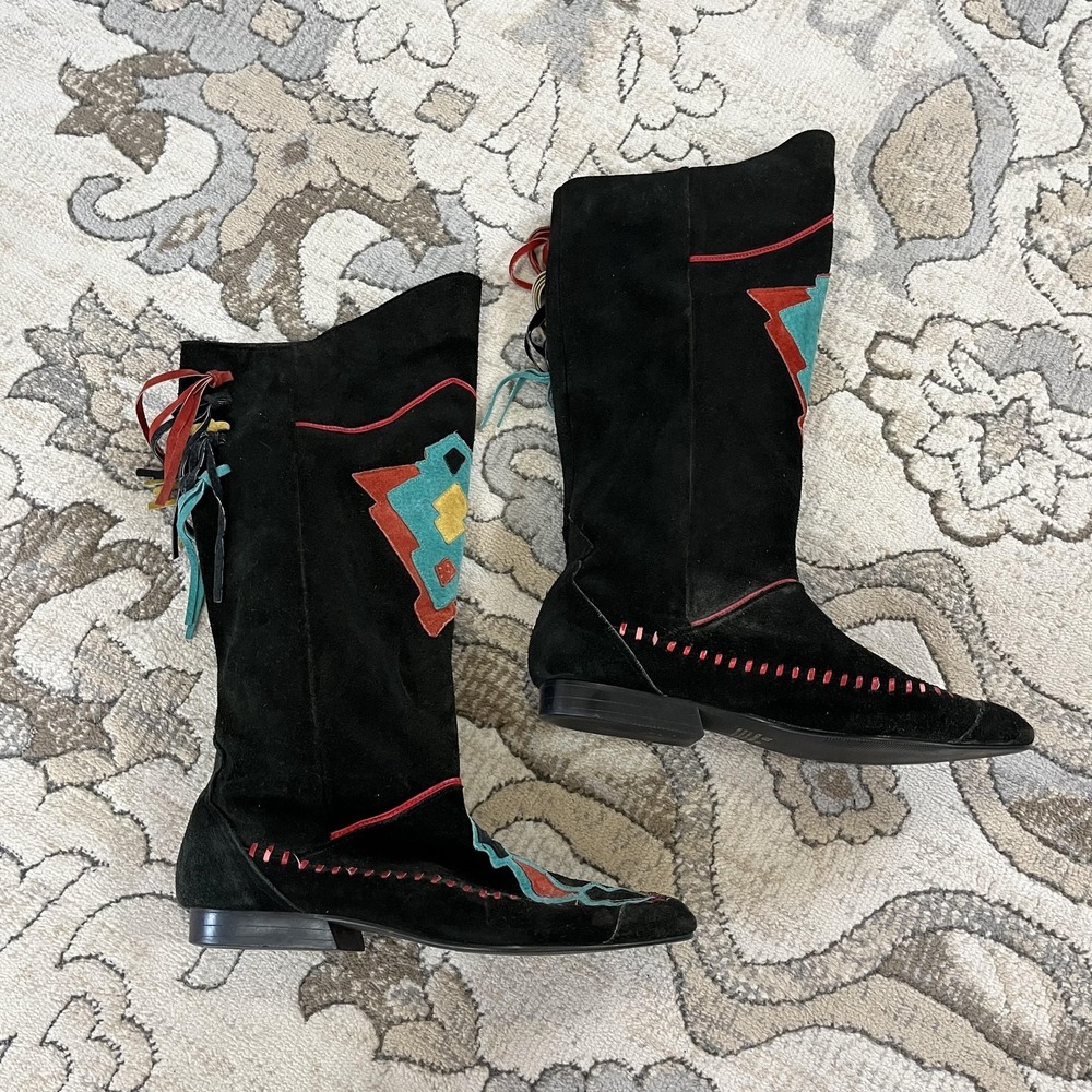 Vintage Western Boots Womens Size‎ 7.5 Black Suede Tassel Knee High Southwestern
